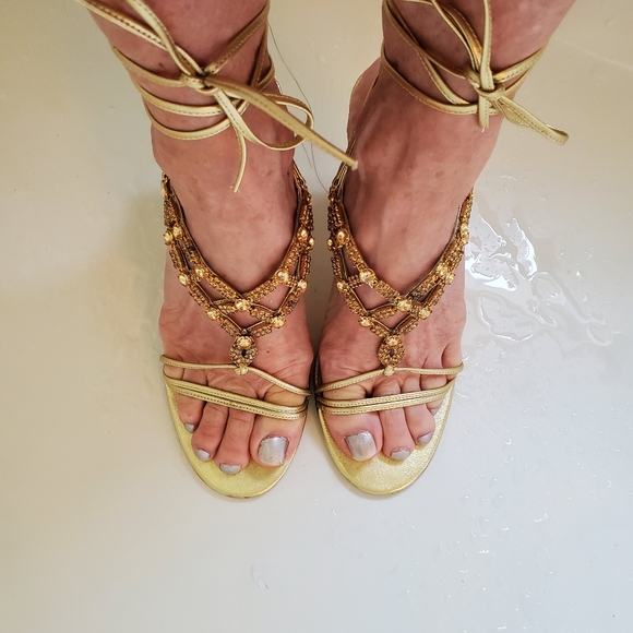 Gold Leather & Rhinestone lace up heel sandles - Picture 16 of 16